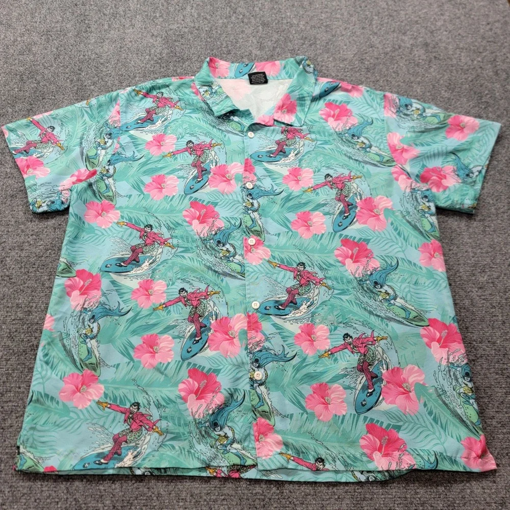 DC Batman Classic TV Series Surfing Joker Hibiscus Floral Shirt XL 34840 Teal